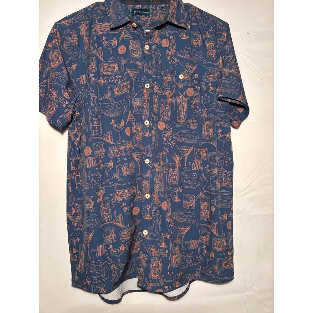 William Murray Mens Short Sleeve Button-Up Shirt Blue/Orange Cocktail Print Size